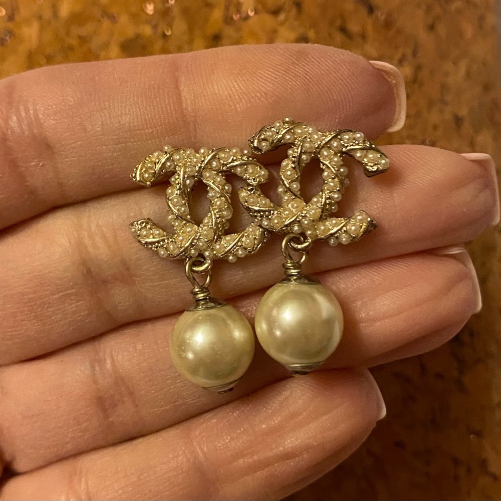 CC Faux Pearl Goldtone Pierced Earrings - Picture 3 of 5